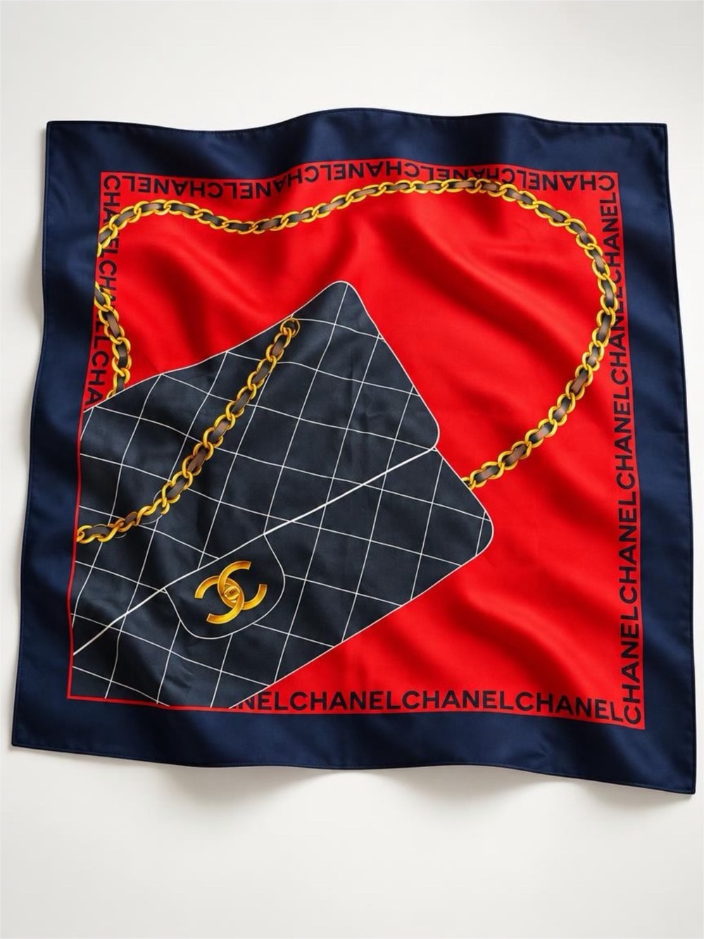 CHANEL Navy, Red and Gold Chain-Print Scarf